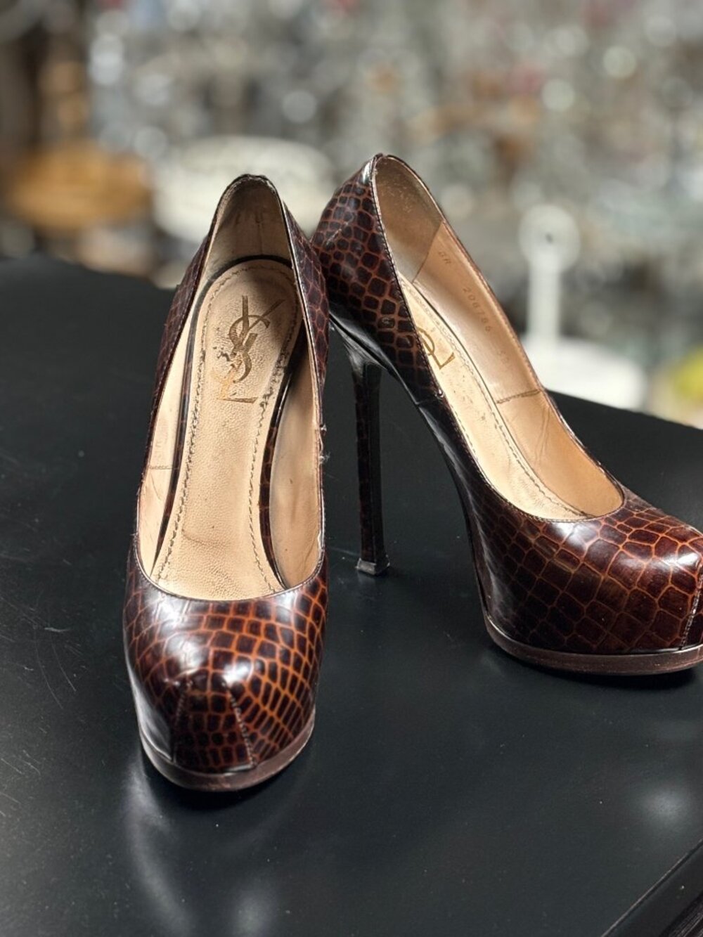 YSL Tribtoo Patent Brown Croc Embossed Platform Pumps size 38.5